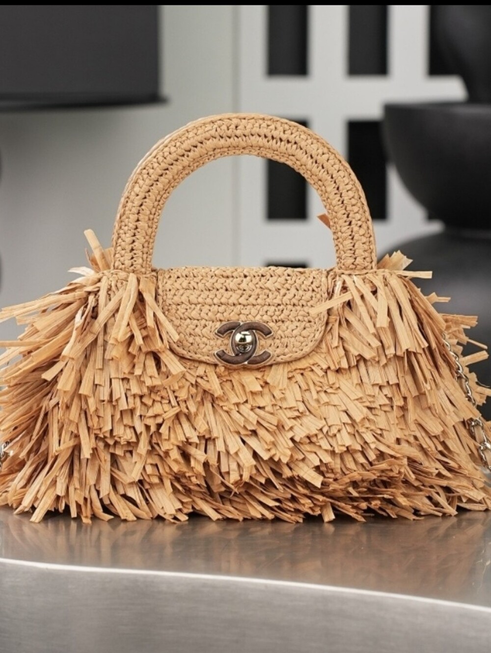 Copy Natural Beige Straw Fringe Satchel with CC Turn-Lock